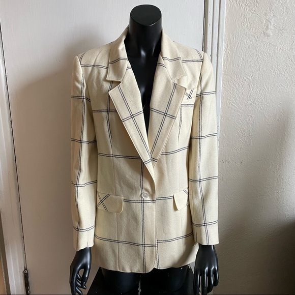 Nwt vintage 1980s 100% wool cream blazer with black stripes size 8 - Picture 3 of 17